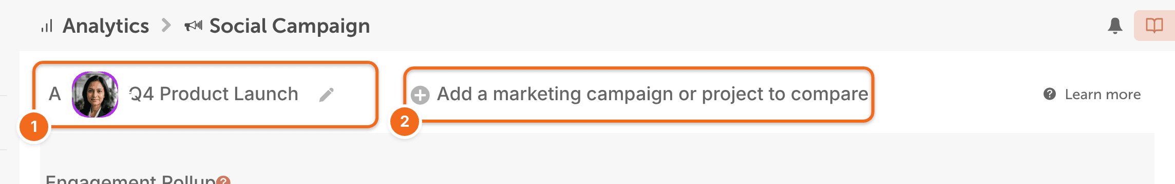 Social Campaign Report with options to choose a marketing campaign or project and add another to compare.