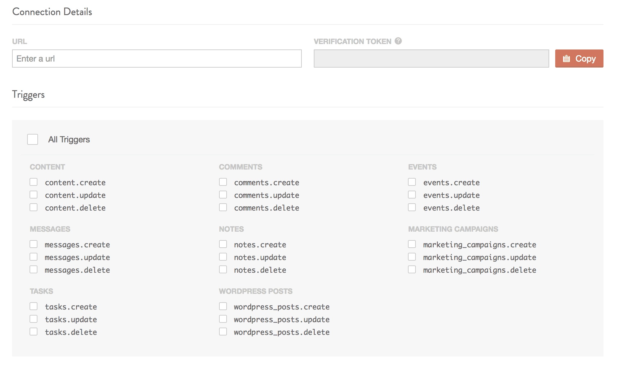 Webhooks page in CoSchedule's Settings > Integrations with the Create Webhook button.