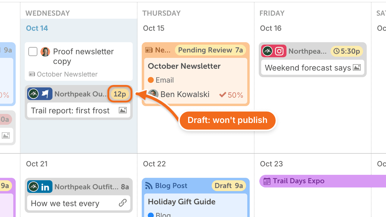 The calendar with draft social messages, which show a yellow time and won't publish until they're scheduled.