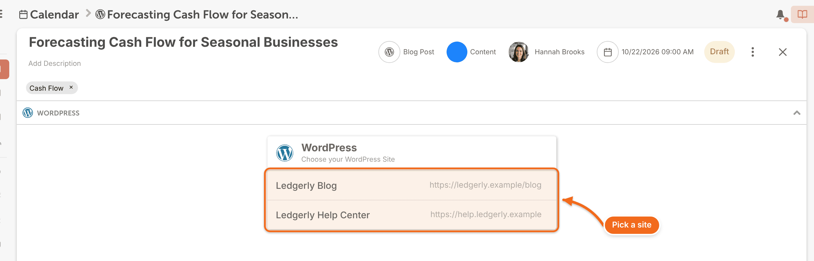 Choose your WordPress Site list in a new WordPress project, showing two connected sites.