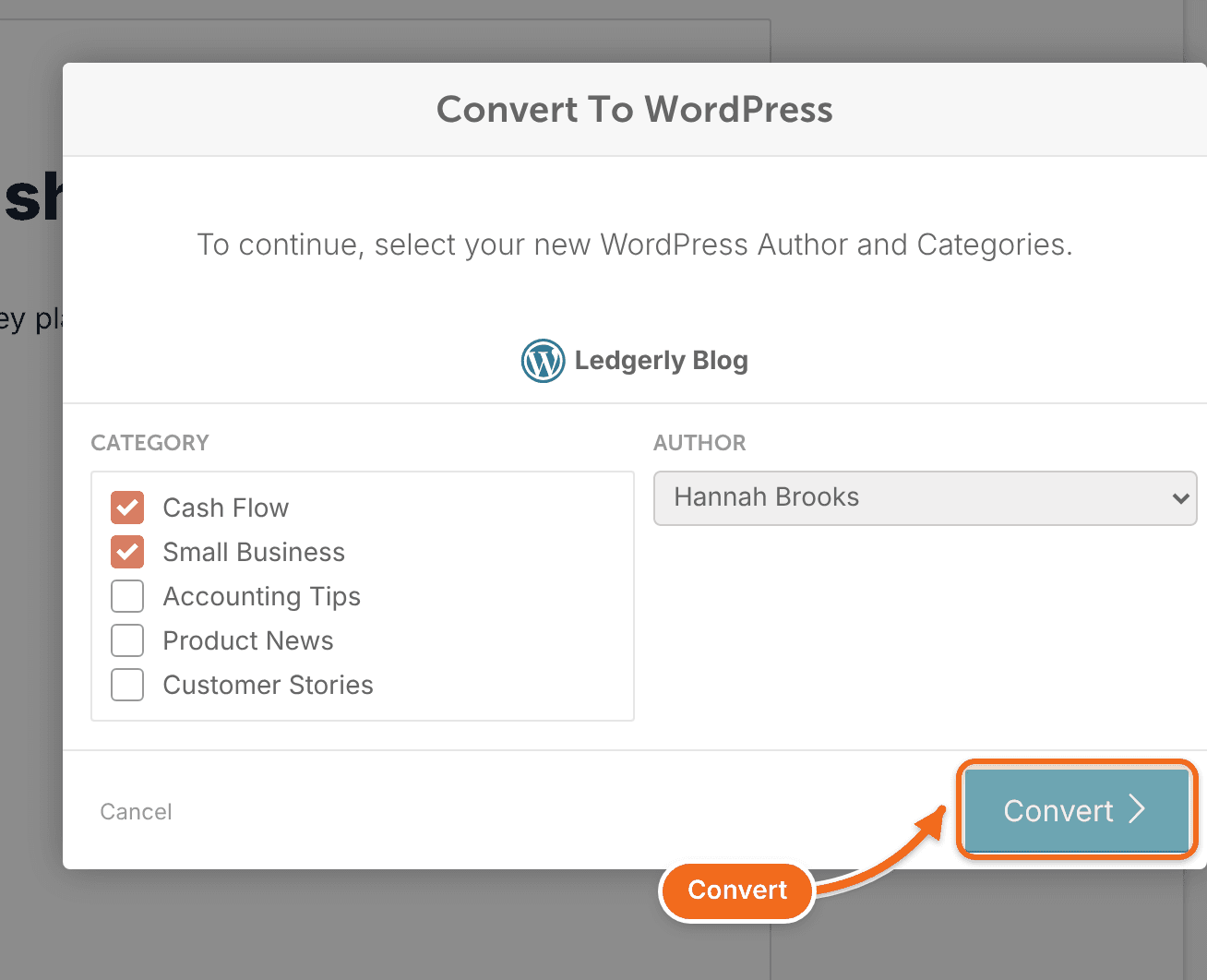 Convert to WordPress window to pick categories and an author, with the Convert button highlighted.