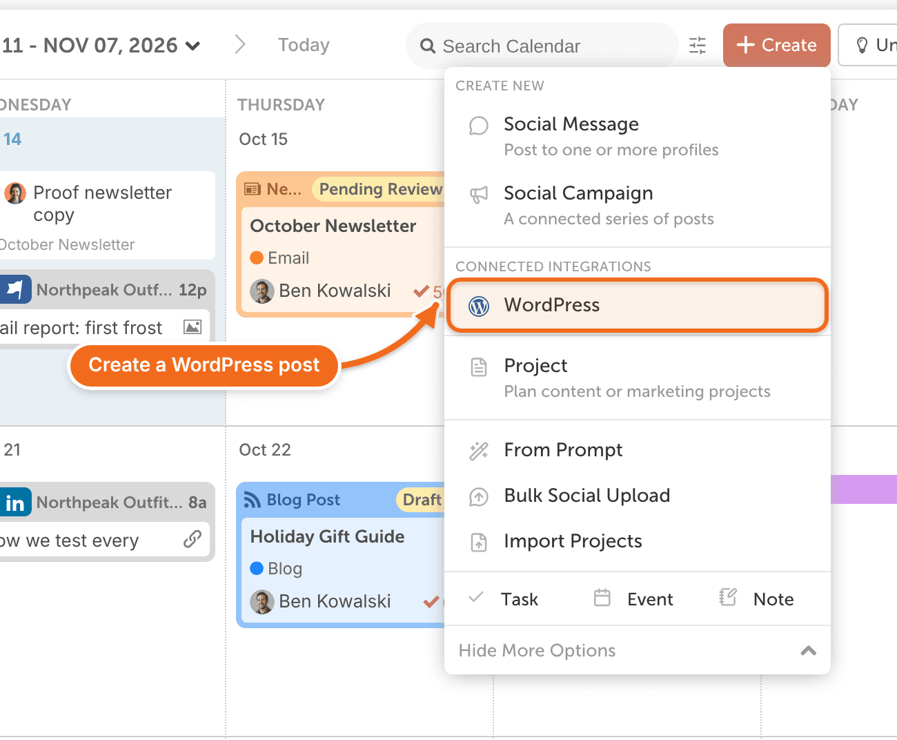 The Create menu on the calendar with the WordPress option for creating a new WordPress post.