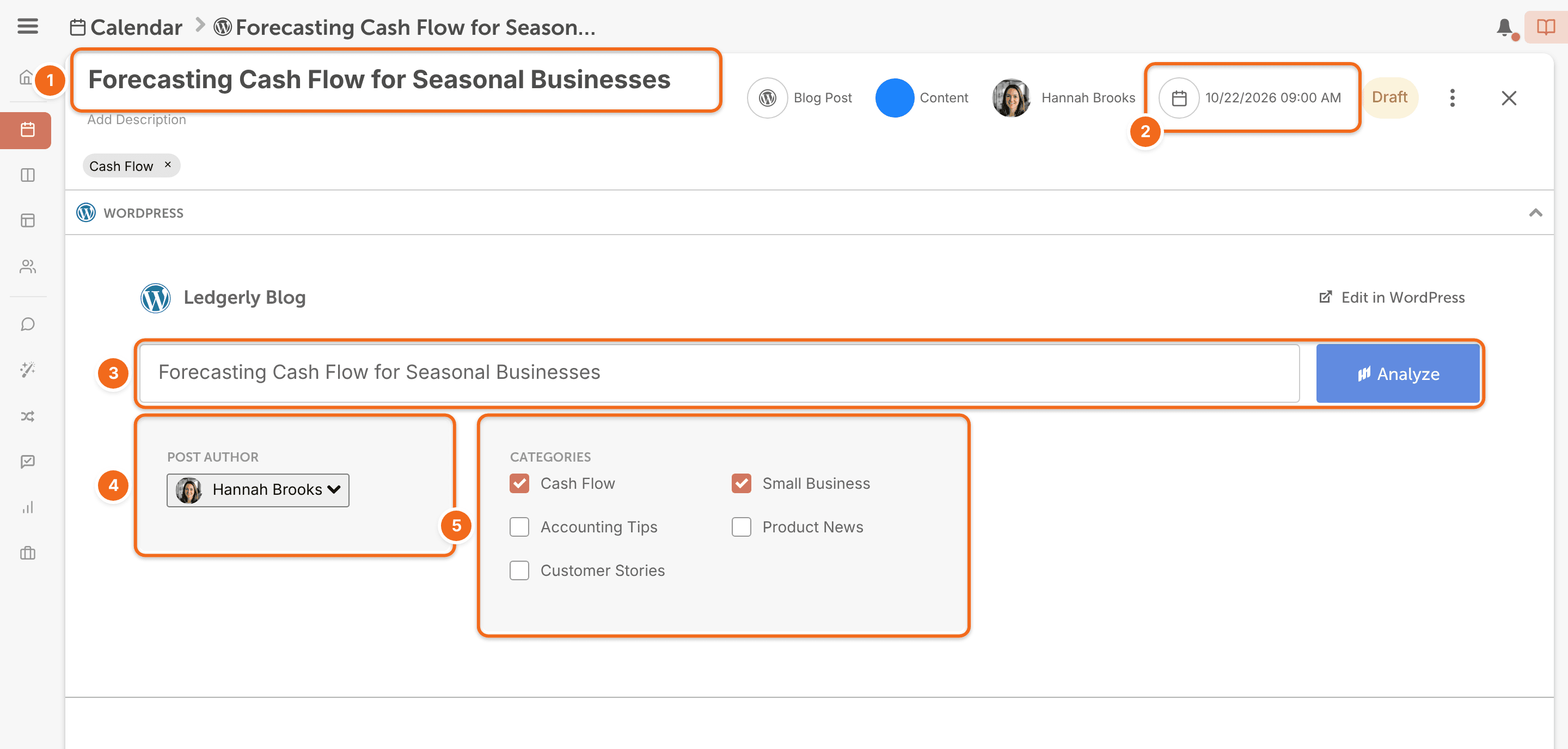 WordPress project in CoSchedule with the title, publish date, headline, post author and categories marked.