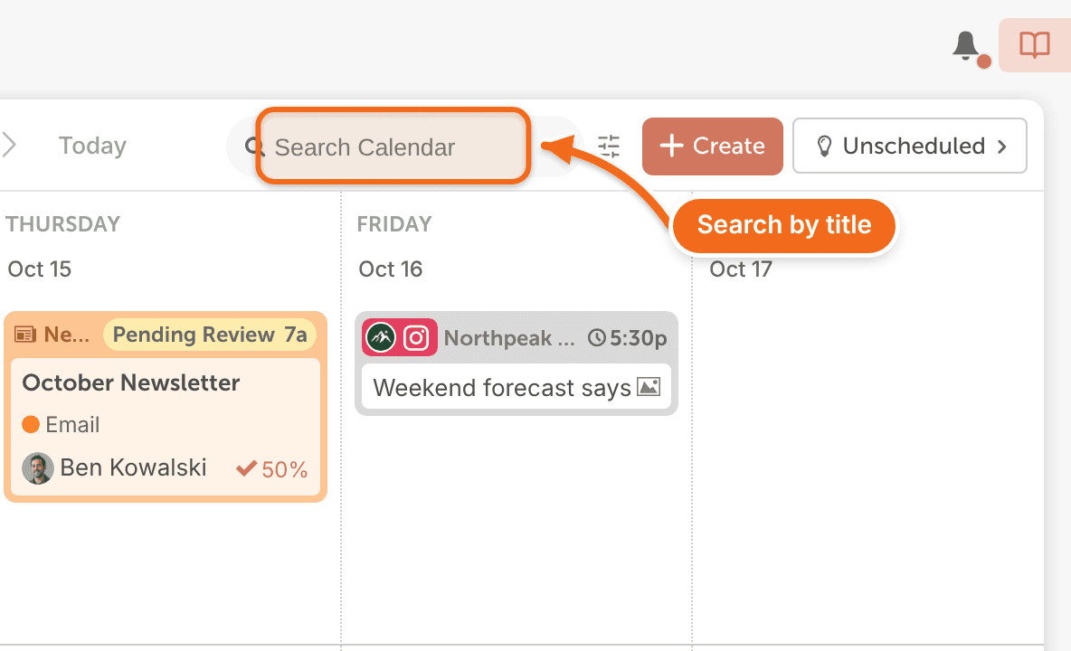 The Search Calendar field at the top of the calendar, used to find a post by its title.