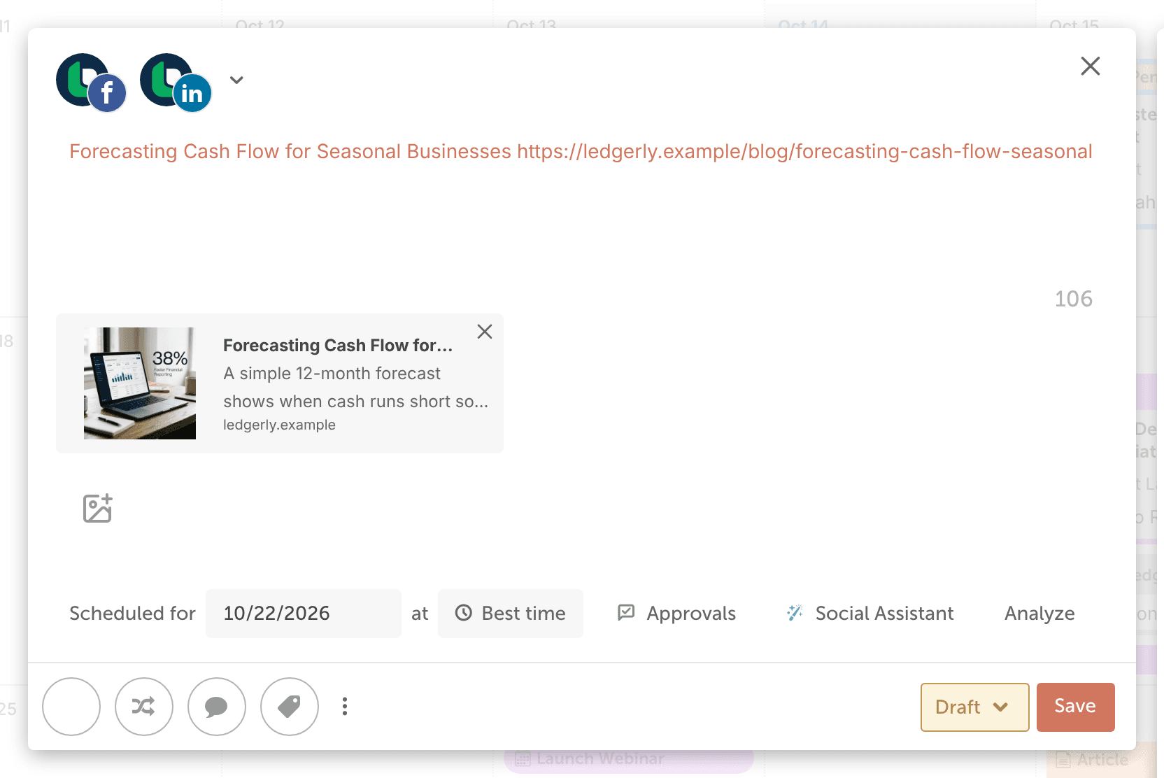 Social message composer with the post title and permalink filled in by text helpers, above the linked post's preview.