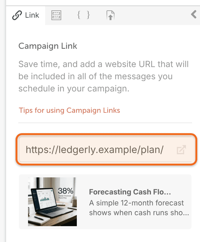 Campaign Link for a published WordPress post: the URL field shows the post's full address, above the post's title, excerpt and featured image.