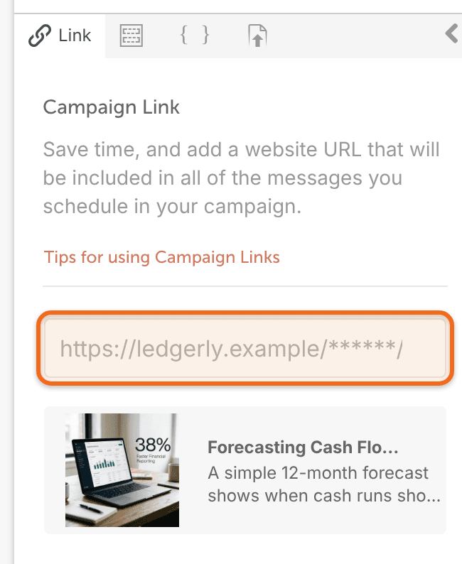 Campaign Link for a WordPress post that isn't published yet: the URL field shows the site address with asterisks in place of the post's address, above the post's title, excerpt and featured image.