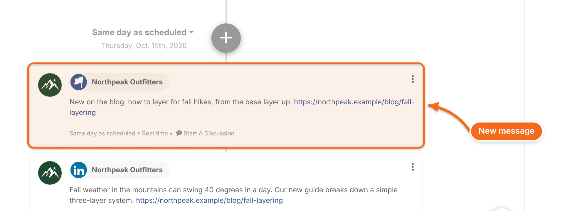 A blog post's social campaign with a new social message scheduled for the post.