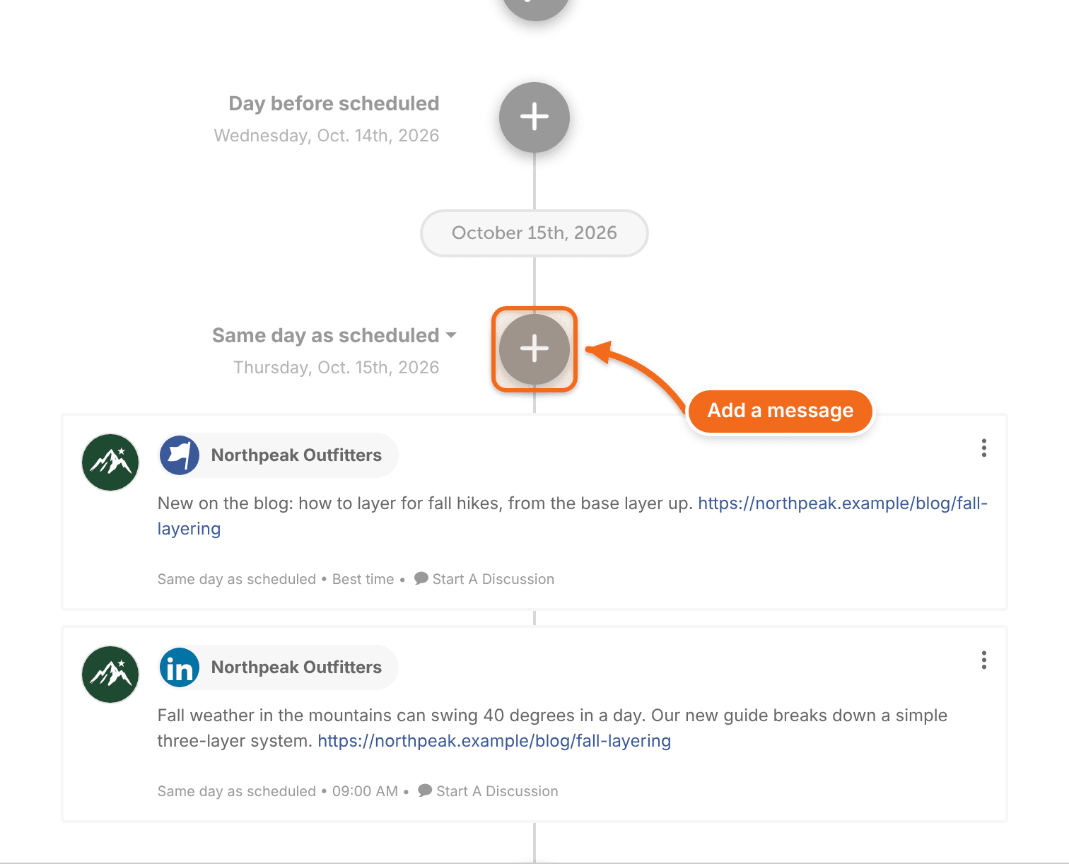 A blog post's social campaign timeline, with the messages already scheduled and a plus button on each day to add more.