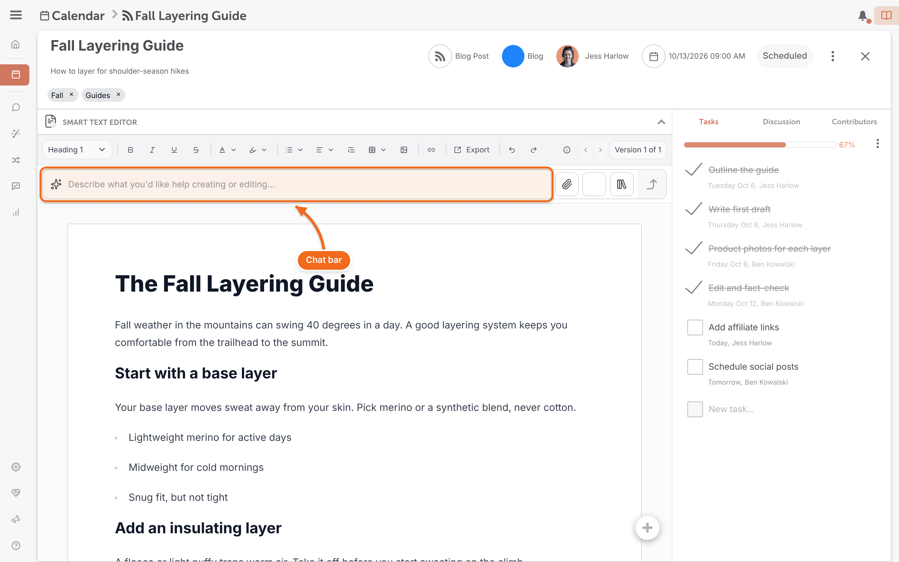 Smart Text Editor open in a project, with the chat bar above the document.