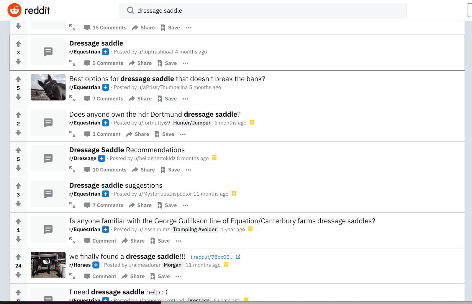 Using Reddit to find related pages to your search for dressage saddles