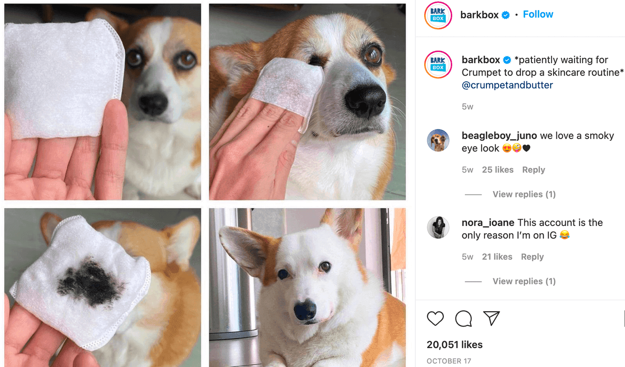 Barkbox instagram post where they reposted a user's meme. The first image shows a barkbox cloth product, the second showing the cloth being wiped on a dog's eyes, which the dog has a black ring of fur around it's eyes, the next image shows the cloth having black smudges on the cloth, and the final image shows the dog without the black ring of fur around it's eyes.