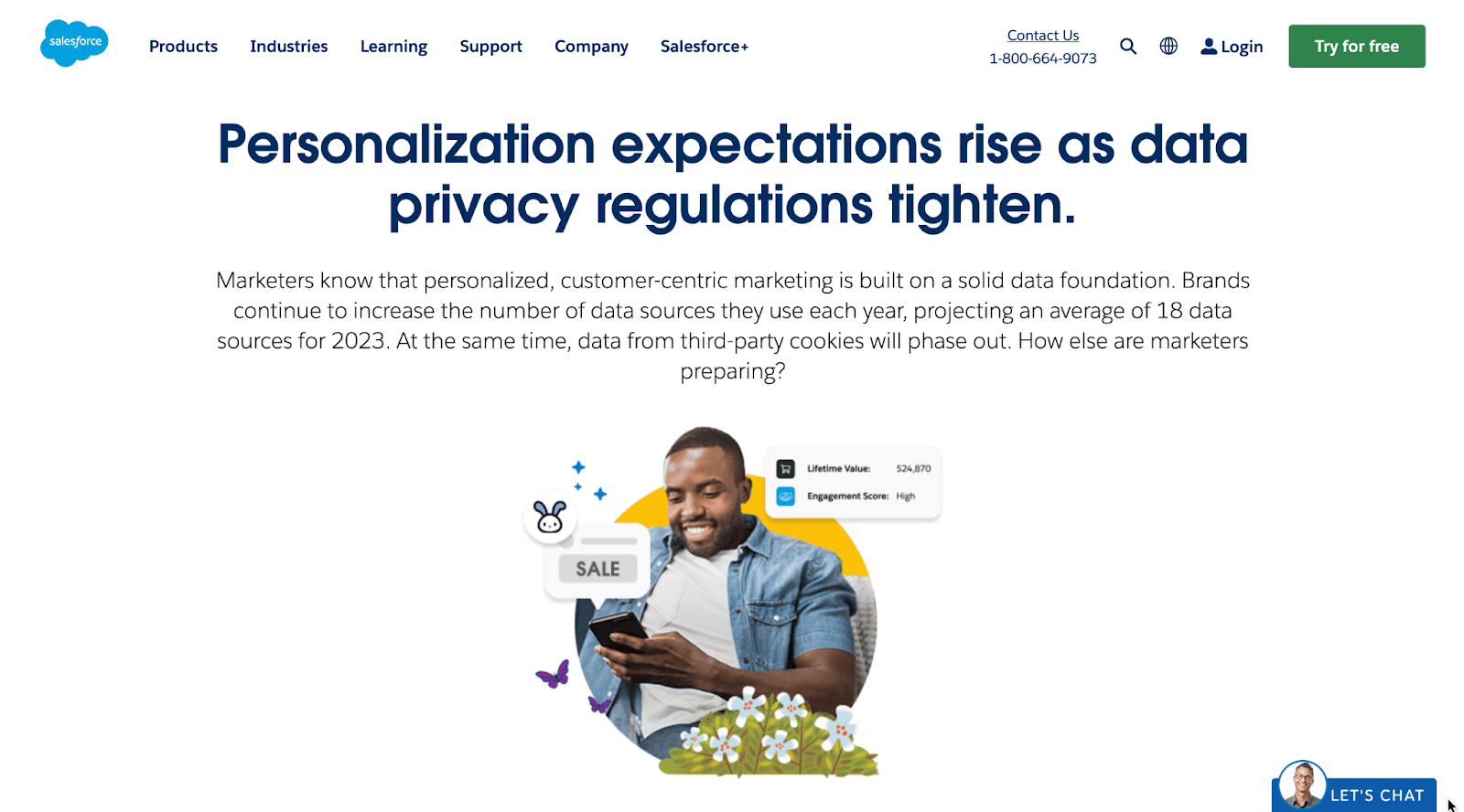 Salesforce page with navigator, chat, an image of a man with a phone, and text "Personalized expectations rise as data privacy regulations."