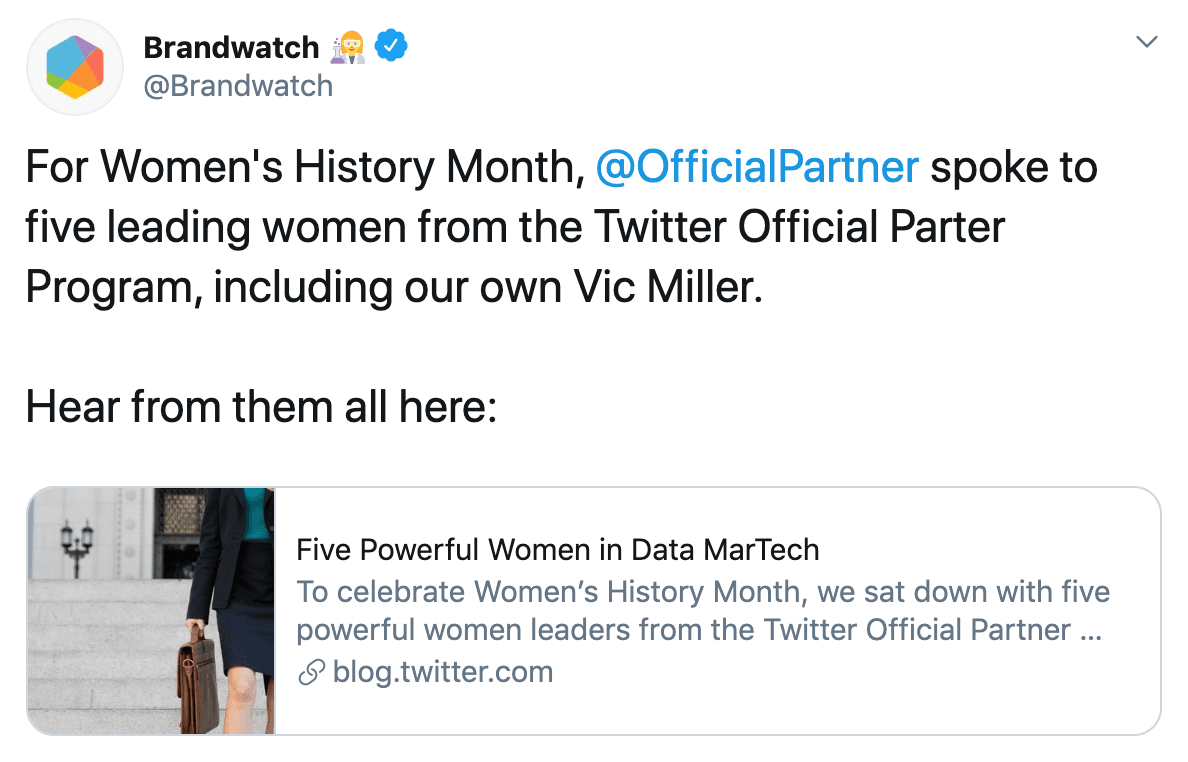 Brandwatch tweet about the five leading women in the twitter official partner program