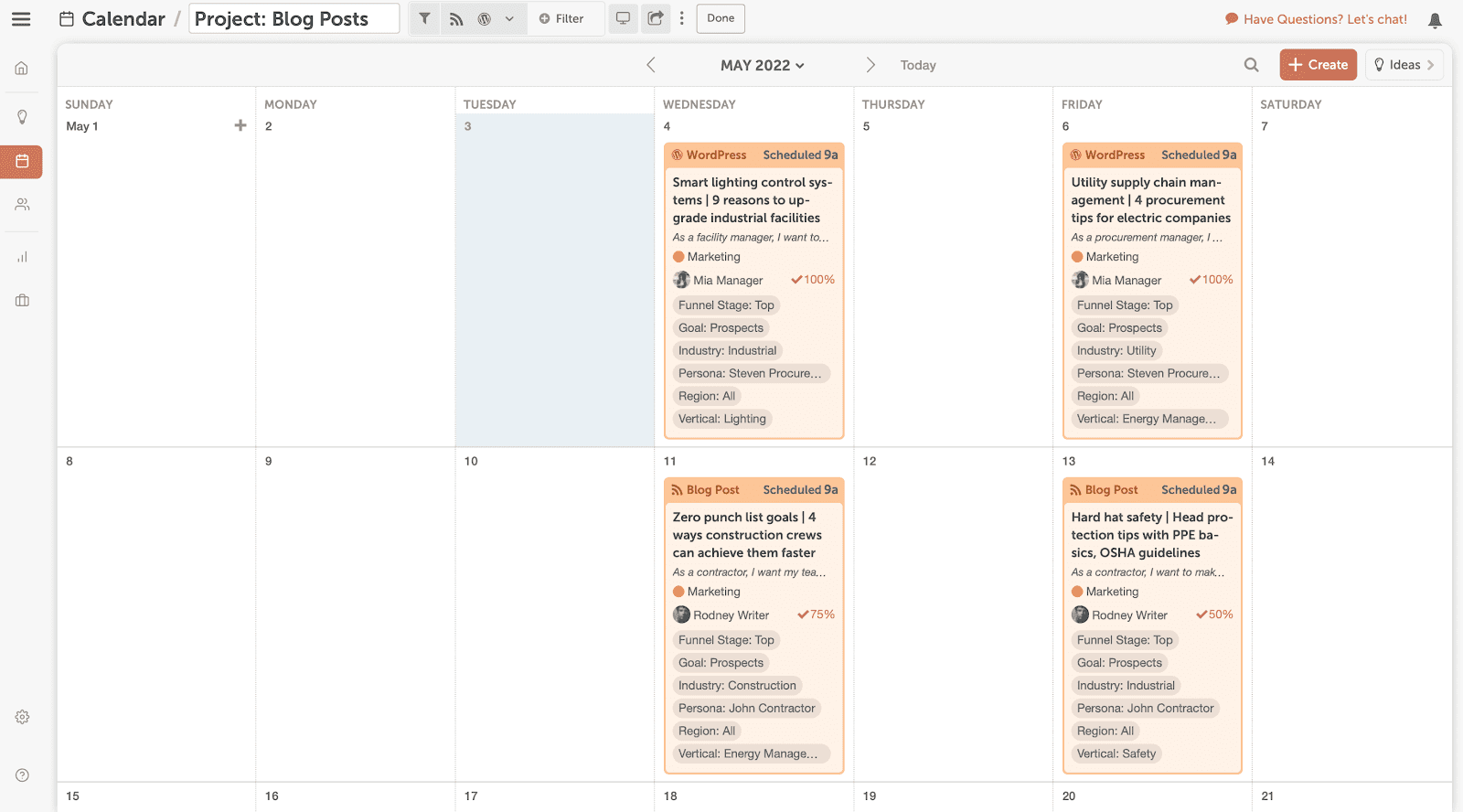 CoSchedule marketing calendar with blog posts scheduled