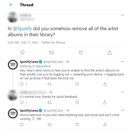 Spotify twitter thread of support assisting a customer