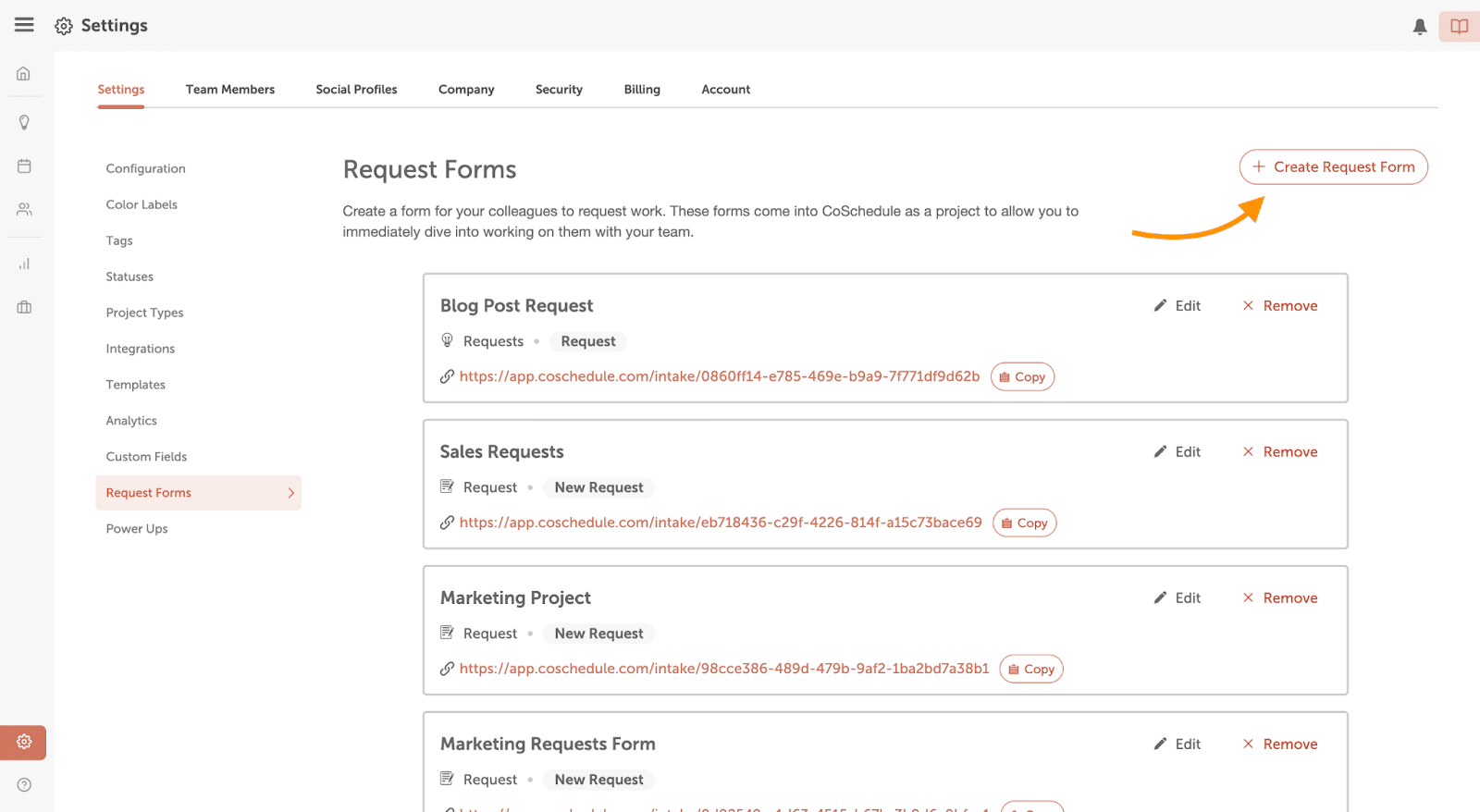 Tutorial on how to create a request form on the coschedule marketing calendar.