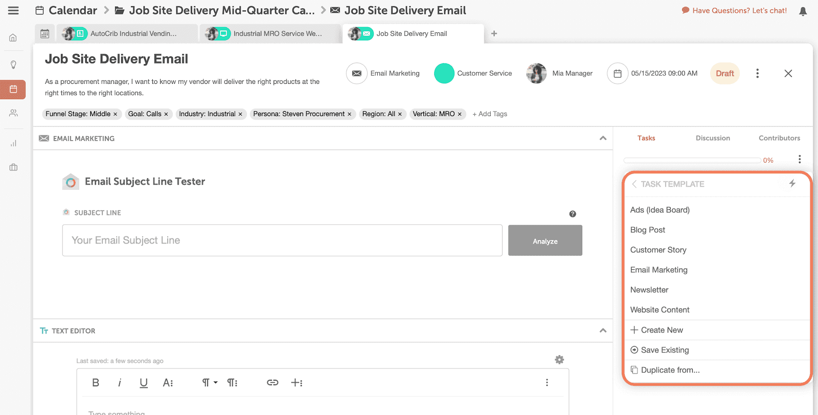 screenshot of task templates in marketing suite