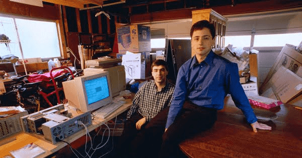 Sergey Brin and Larry Page in the original Google office — their garage.