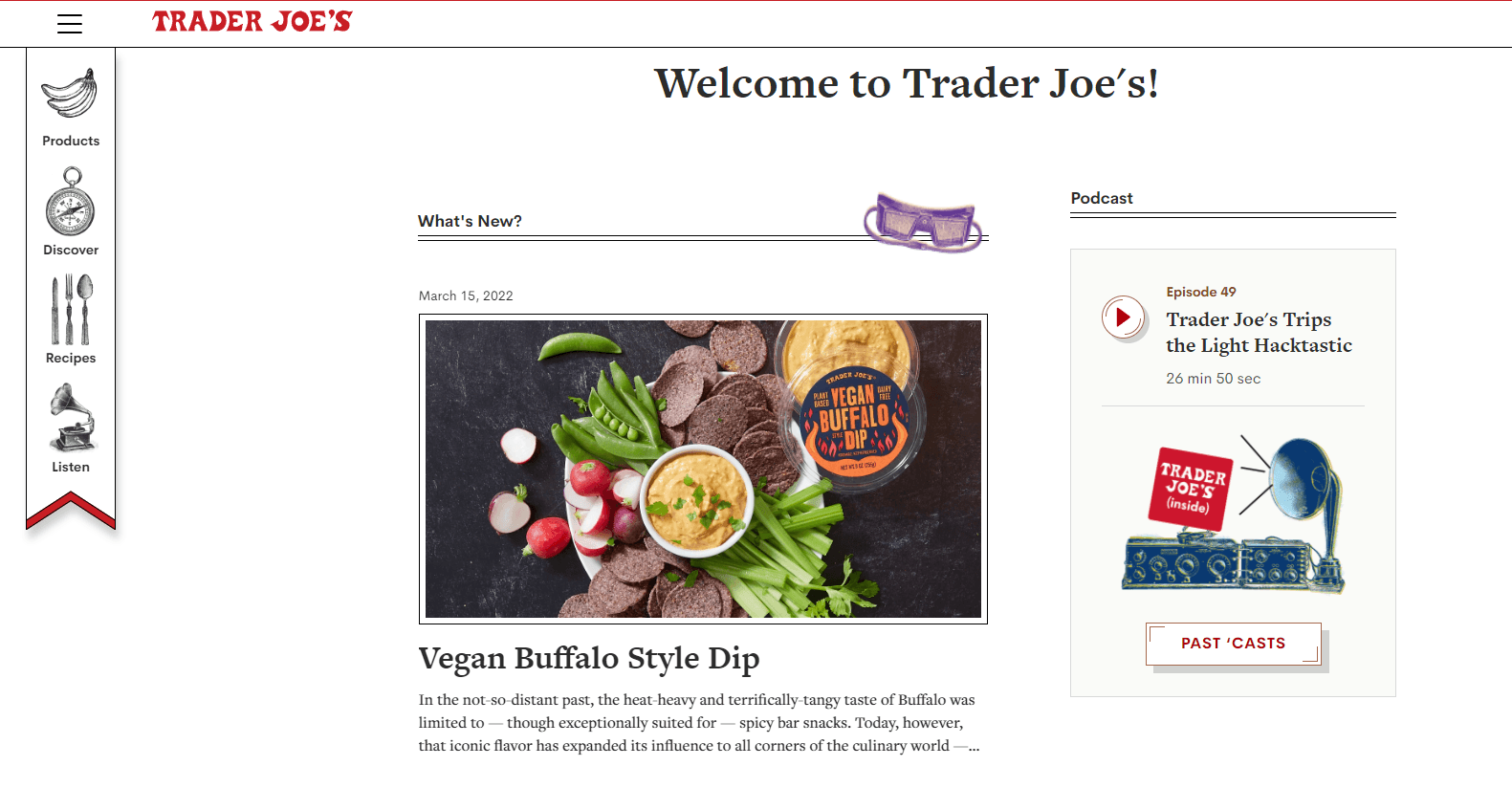 Trader Joe's web page. Image of vegan buffalo style dip 