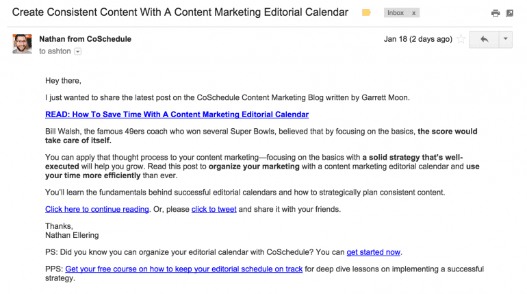 Example of promoting blog posts via email