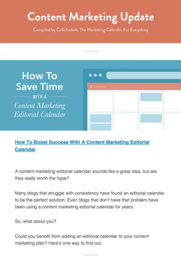 Newsletter example in an email from CoSchedule