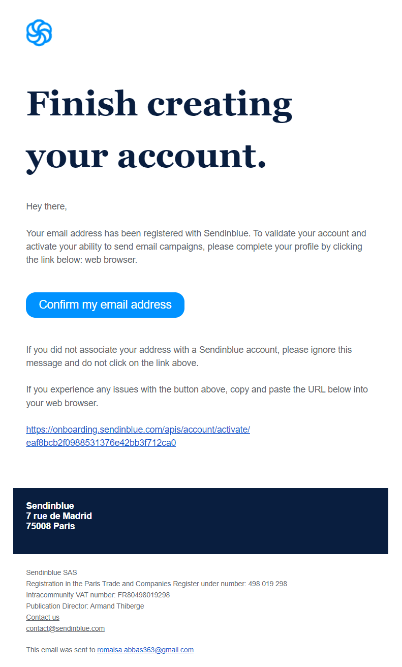 SendinBlue email marketing for confirming new users email address