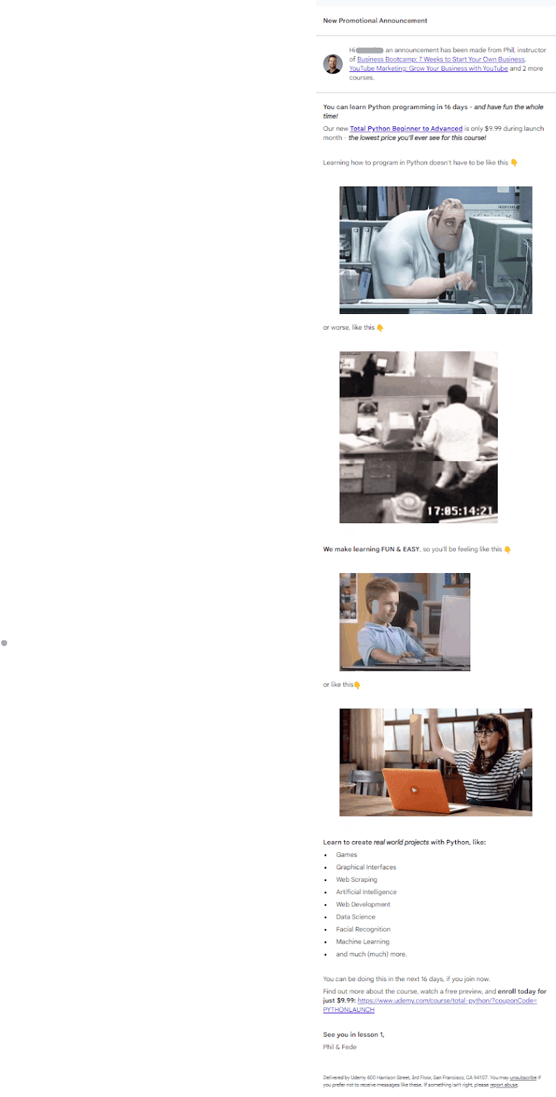 Udemy email marketing using GIFS and easily readable content