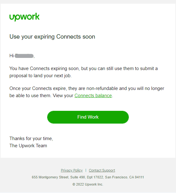 UpWork email to warn customers about expiring connects for jobs