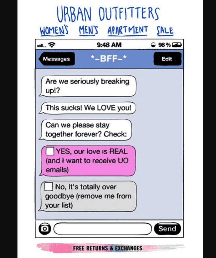 Urban Outfitters email in a fake text format