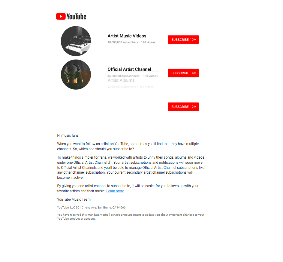 YouTube email advertising different accounts to subscribe to