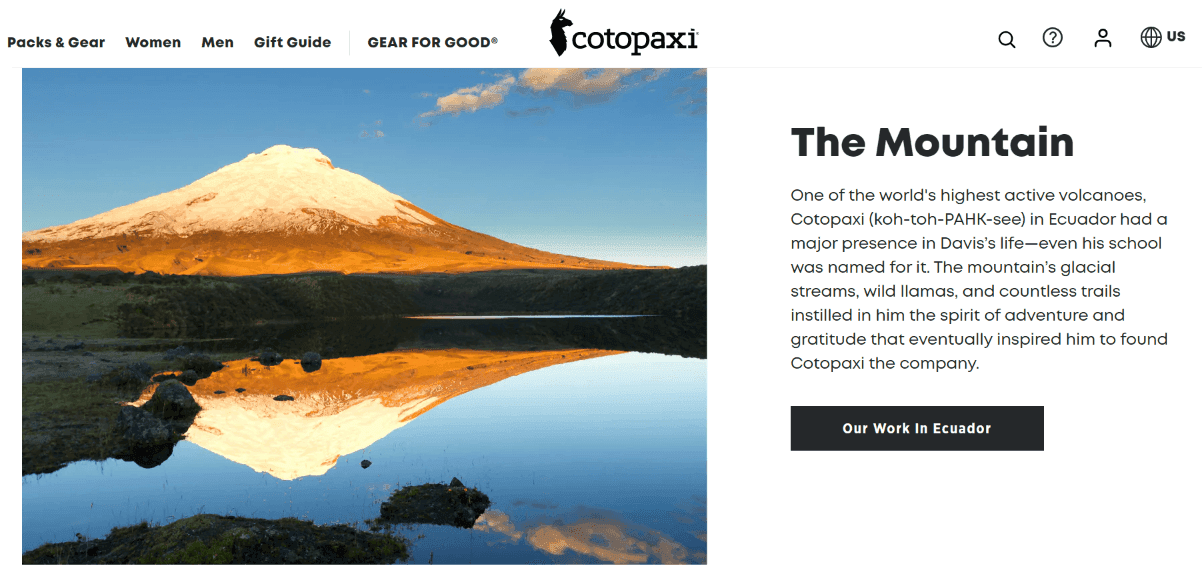 Cotopaxi about us page regarding commitment to sustainable clothing.