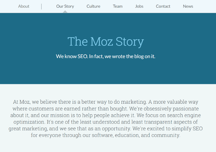 About us page for Moz detailing what Moz does and why they do it