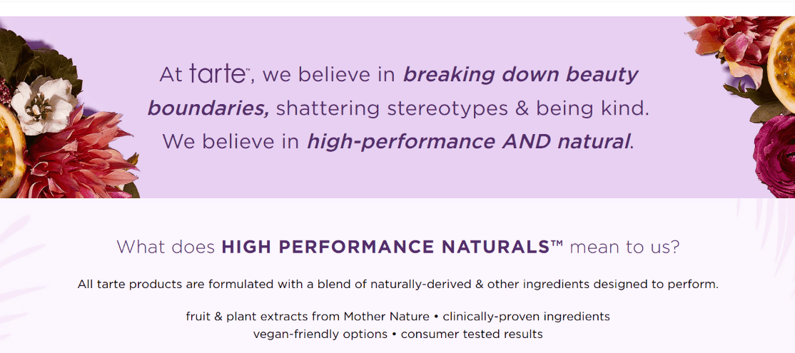 Tarte about us page regarding the ingredients in their products