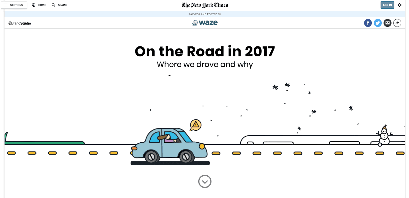 Waze ad in The New York Times of a car driving by a snowman