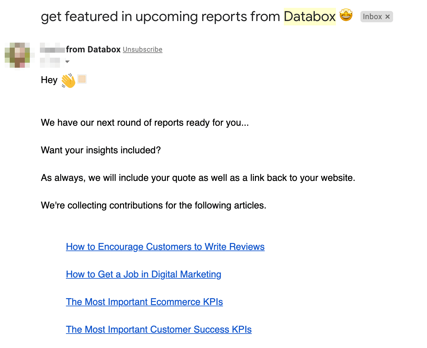 Example of an email from Databox to encourage audience participation 