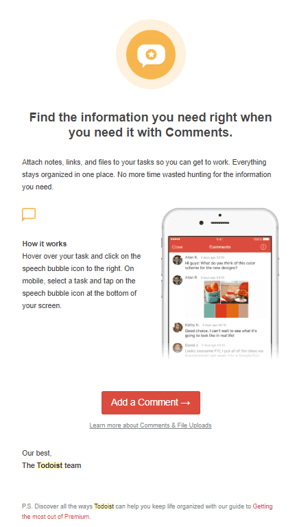 Todoist email containing tips for premium subscription tools