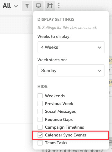 Open display settings panel with show calendar sync events highlighted