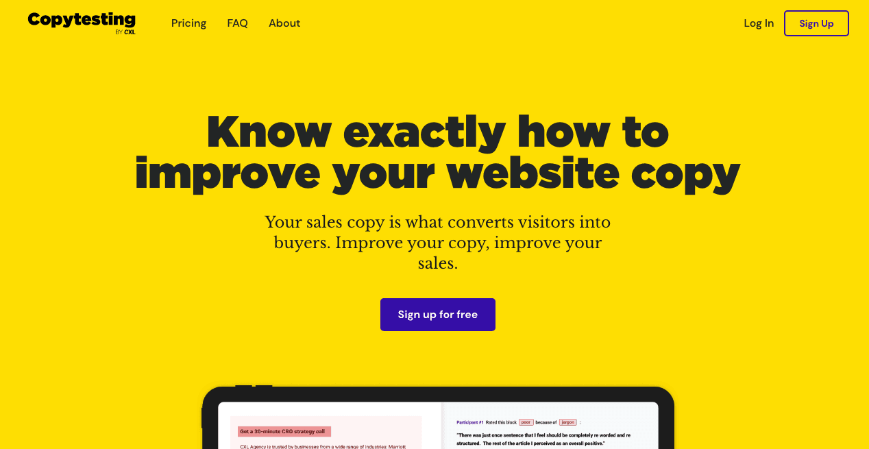 Copytesting website homepage