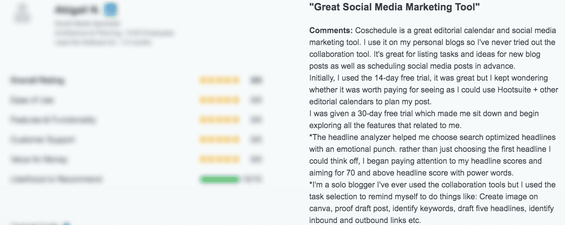 Example of a review for CoSchedule's marketing calendar
