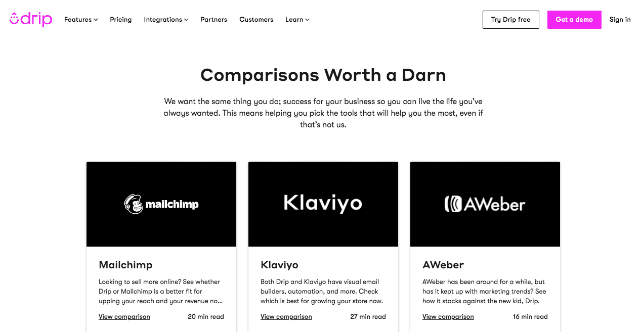 Example of a comparison page from Drip