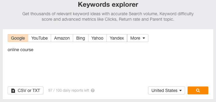 Example of keywords explorer