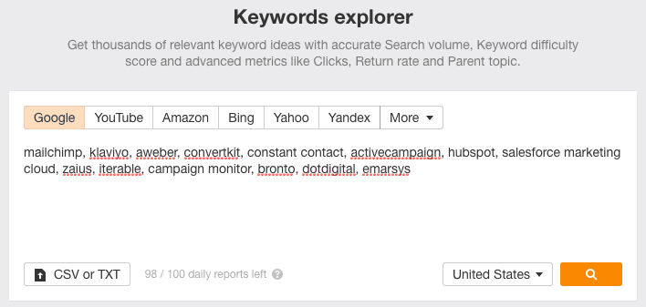 Example of a keywords explorer