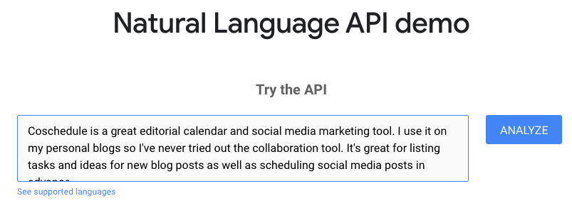 Example of the natural language API demo
