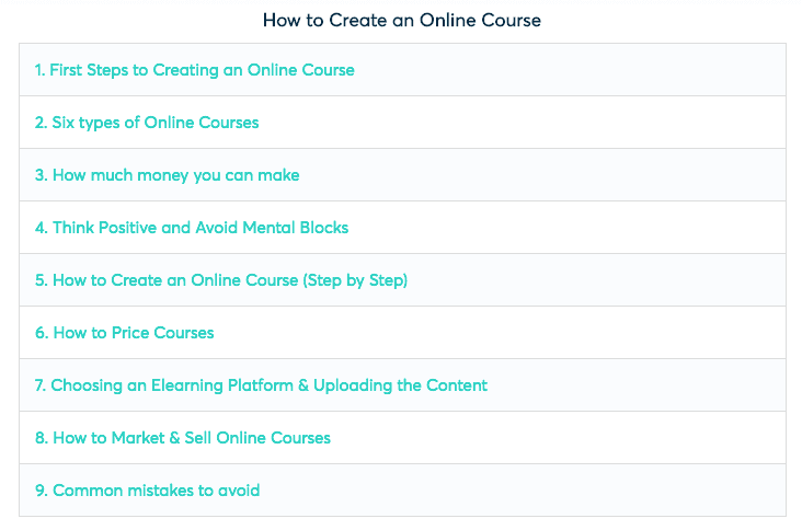 Example of an online courses table of contents