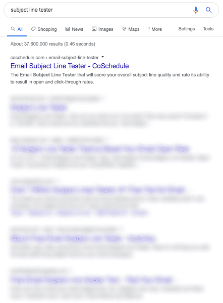 Example of organic search results for "subject line tester"