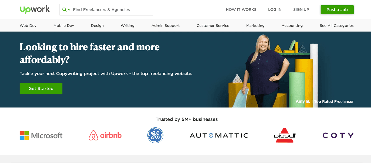 Example of a freelance website: Upwork landing page