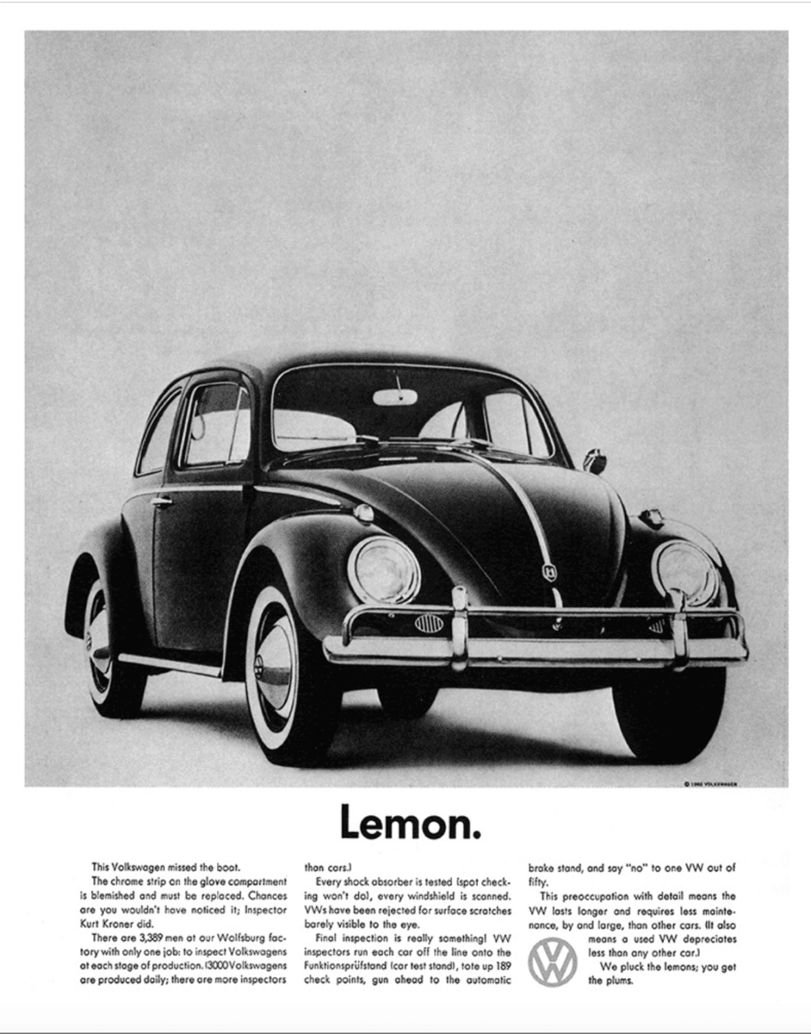 Retro black and white print ad for Volkswagon beetle