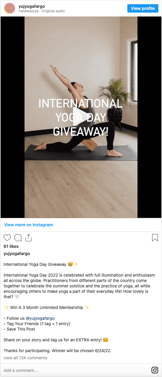 Product giveaway post on Instagram