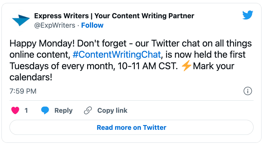 Twitter chat post reminding date and time 